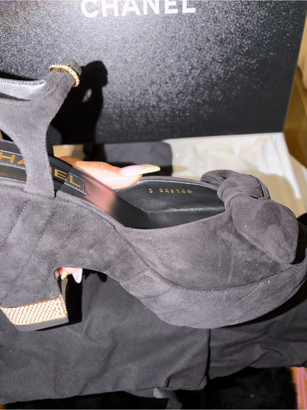 CHANEL Black Suede Platform Sandals with Bow and Pearl Heel Accent